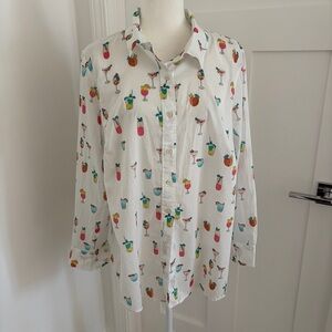 NWT Talbots Cocktail White Shirt Sz 1X White Button Up Tropical Drinks Top*S12